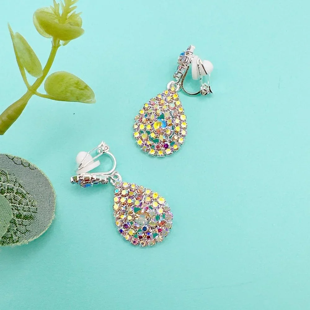 CLIP ON Small Pear Shape AB Color Rhinestone Earrings - Picture 9 of 10